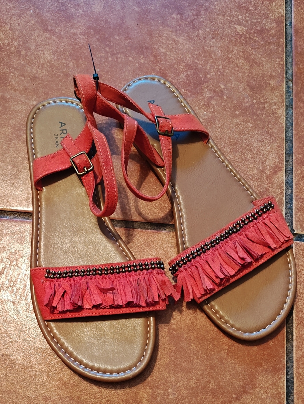Arizona Jean Company Red Fringe Ankle-Strap Sandals